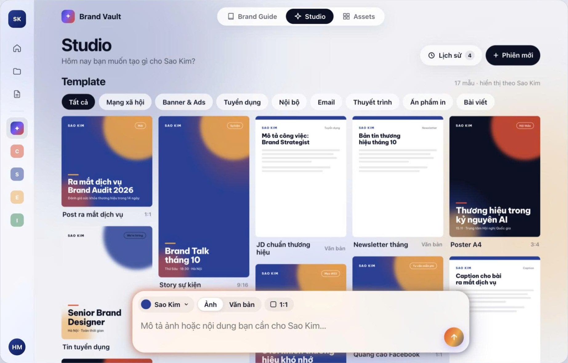 OnFirm AI Studio: templates for social posts, job descriptions, newsletters and posters generated in the firm's brand, with a prompt box to describe new content.