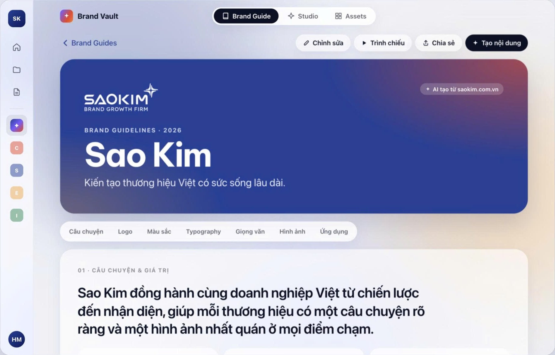 OnFirm Brand Vault: the firm's brand guide with story, logo, colors, typography, voice and imagery sections, generated by AI from the firm's website.