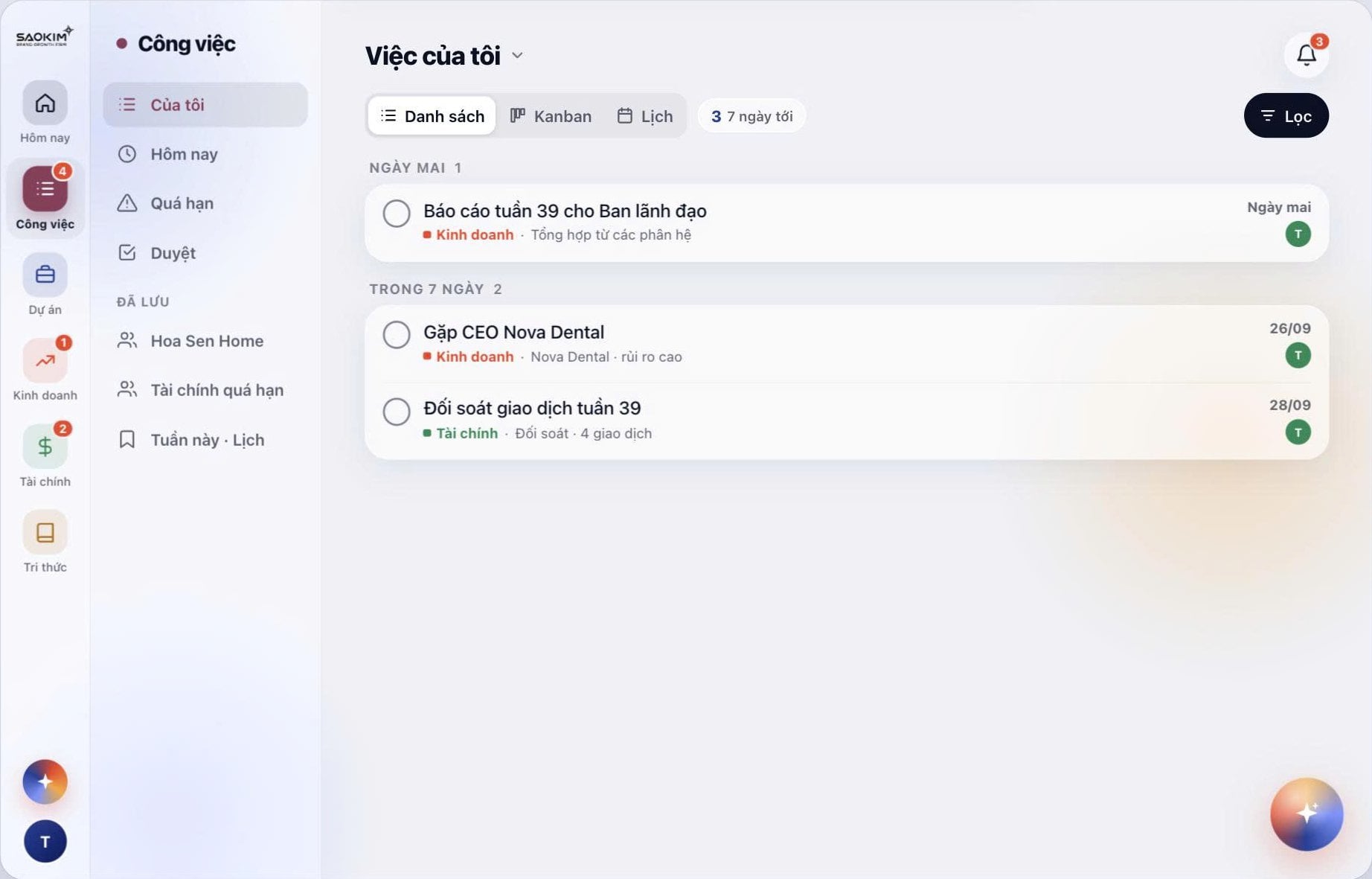 OnFirm work list: one queue mixing a sales meeting flagged high risk, a leadership weekly report compiled from all modules, and a finance reconciliation task.