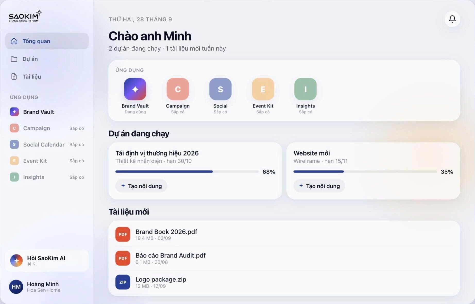 OnFirm workspace home: connected apps, running projects with progress and recent documents.